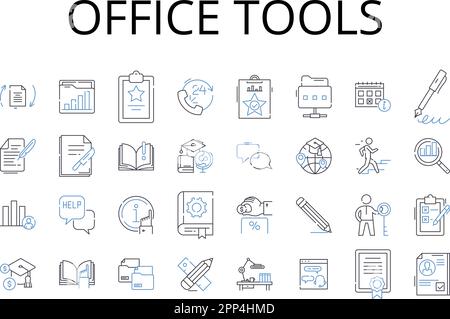 Sammlung von Zeilensymbolen für Office-Tools. Küchenbedarf, Sportausrüstung, Schulbedarf, Grafikdesign, Kfz-Teile, Haushaltsgegenstände, medizinisch Stock Vektor