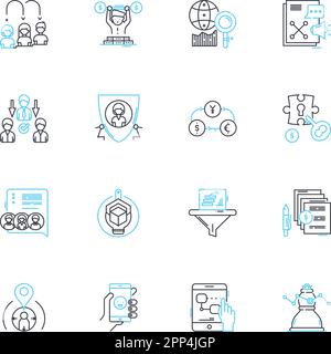 Lineare Symbole für Steuerzuständigkeit festgelegt. Budget, Einsparungen, Schulden, Rechenschaftspflicht, Effizienz, Transparenz, Planungslinienvektor und Konzeptzeichen Stock Vektor