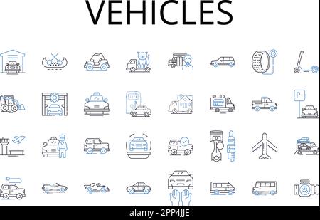 Symbolsammlung für Fahrzeuglinien. Autos, Autos, Transport, Modi, Transport, Ride-Rail, Ride-Sharing-Vektor und lineare Darstellung Stock Vektor