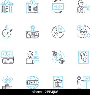 Lineare Symbole für elektronische Zahlungen festgelegt. Digital, kartenlos, sofort, Cashless, sicher, Praktische, sichere Linienvektor- und Konzeptschilder. Mobil, App-basiert Stock Vektor