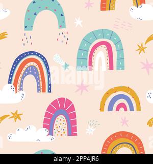 Nahtloses kindliches Muster mit süßen Regenbogen und Regenwolken im Kritzelstil. Farbige Flachvektordarstellung des Kindergartendesigns für den Druck Stock Vektor