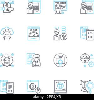 Lineare Symbole für Business Intelligence. Analysen, Big Data, Dashboards, Einblicke, Visualisierung, Entscheidungen, Trends Linienvektor und Konzeptzeichen Stock Vektor
