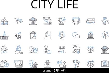 City Life Line Icons Kollektion. Ländliches Leben, Großstadt, städtisches Leben, Dorfleben, Metropolis Leben, Vorstadtleben, geschäftiges Treiben und Stock Vektor