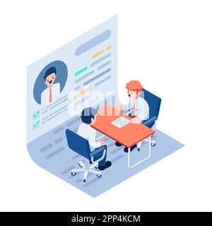 Flacher 3D isometrischer Geschäftsmann während des Bewerbungsgesprächs mit Boss. Konzept für Bewerbungsgespräche und Personalbeschaffung. Stock Vektor