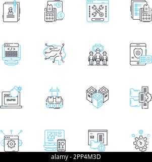 Lineare Symbole für Datenverschlüsselung festgelegt. Kryptografie, Sicherheit, Datenschutz, Algorithmen, Schlüssel, Verschlüsselung, Entschlüsselungslinienvektor und Konzeptzeichen Stock Vektor