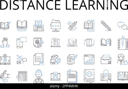 Symbolsammlung für Distanz-Lernlinien. E-Learning, virtuelle Bildung, Online-Unterricht, Fernunterricht, webbasierte Schulung, Digitaler Lehrplan Stock Vektor