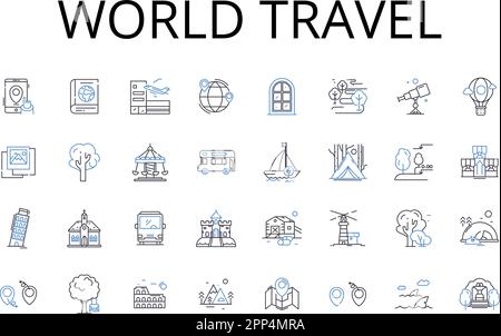World Travel Line Icons Kollektion. Global Journey, Overseas Adventure, Wanderlust Tourismus, Intercontinental Exploration, rund um den Globus Stock Vektor