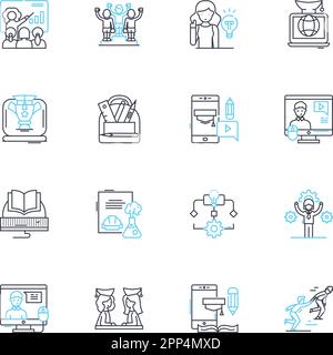 Lineare Symbole für Coaching festgelegt. Mentoring, Entwicklung, Empowerment, Anleitung, Unterstützung, Verantwortungsbewusstsein, Ansporn-Linienvektor und Konzeptschilder Stock Vektor