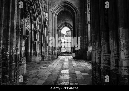 Zugang durch die Frontfassade zur monumentalen gotischen Kathedrale der Stadt Oviedo, Asturien. Stockfoto