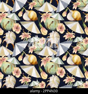 Handgezeichneter, wässriger Kokosnuss-Cocktail mit Papierschirm und Hibiskus. Nahtloses Muster. Isoliert auf farbigem Hintergrund. Wandbild, Hochzeit, Druck Stockfoto