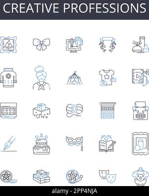 Symbolsammlung für kreative Berufe. Modebranche, Medienberufe, künstlerische Jobs, innovative Bereiche, erfinderische Berufe, Visionär Stock Vektor