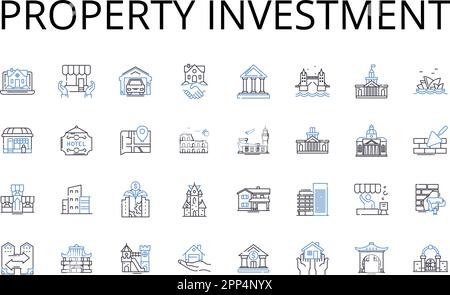 Symbolsammlung für Immobilieninvestitionen. Immobilien, Grundstückskauf, Immobilienkauf, Vermögensübernahme, Investitionsstrategie, Kapitalwachstum, Real Stock Vektor