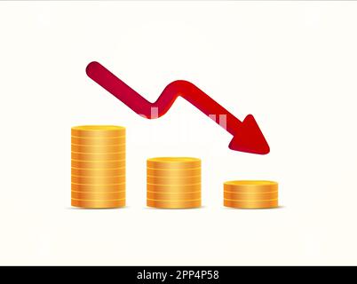 Stapel goldener Münzen und roter Pfeil nach unten isoliert auf weißem Hintergrund. Finanzkrise, Abwärtstrend, schrumpfende Wirtschaft. Dollar, Geschäft, Finanzen. 3D-Vektordarstellung. Vektordarstellung Stock Vektor