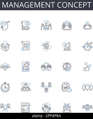 Sammlung der Liniensymbole für Verwaltungskonzepte. Führungstheorie, Kommunikationsstrategie, Entscheidungsprozess, Organisationsplan, Geschäftsmodell Stock Vektor