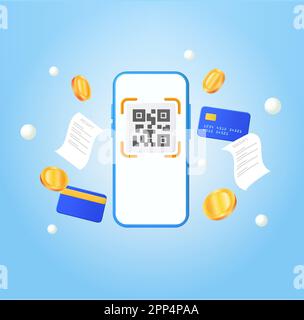 Scannen von QR-Codes per Mobiltelefon mit Rechnungen und Münzen, Debit, Kreditkarte. Bezahlen Sie Geld oder Online-Zahlung, Sonderkonzept für Einkäufe. Digitale Transaktionsfinanzierung. 3D-Vektordarstellung. Vektordarstellung Stock Vektor