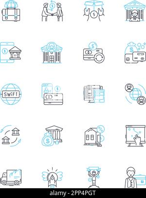 Lineare Symbolgruppe für Asset-Management. Portfolio, Investitionen, Allokation, Risiko, Diversifizierung, Leistung, Linienvektor und Konzeptzeichen Stock Vektor