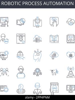 Symbolsammlung für die Automation von Roboterprozessen. Künstliche Intelligenz, Geschäftsprozesse, Cloud-Computing, Datenanalyse, Entscheidungsfindung, Digital Stock Vektor