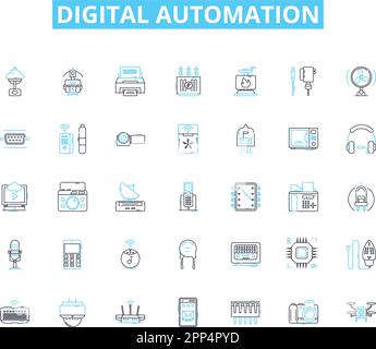 Lineare Symbole für digitale Automatisierung eingestellt. Robotik, Automatisierung, Künstliche Intelligenz, Maschinelles Lernen, Workflow, Effizienz, Straffung des Linienvektors Stock Vektor
