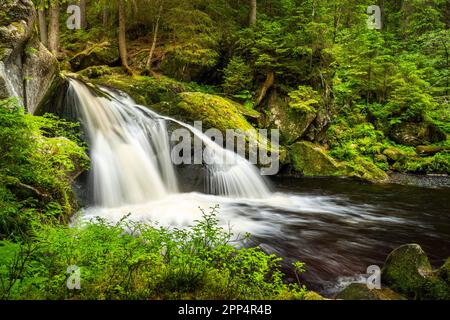 Ein Wasserfall im Schwarzwald namens Krai Woog Gumpen. Schwarzenbächletal, Dachsberg, Deutschland. Lange Belichtung. Stockfoto