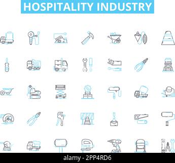 Lineares Symbolset für das Gastgewerbe. Resorts, Restaurants, Unterkunft, Urlaub, Tourismus, Kasino, Spa Line Vektor- und Konzeptschilder. Hotels Stock Vektor