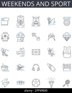 Wochenenden und Sport Line Icons Kollektion. Zusammenarbeit, Vielfalt, Synergie, Einfallsreichtum, Empowerment, Kreativität, Ideenvektor und linear Stock Vektor