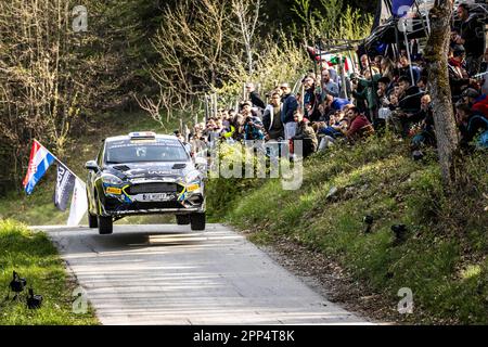 Zagreb, Kroatisch. 22. April 2023. 44 Laurent PELLIER (FRA), Marine PELAMOURGUES (FRA), FORD Fiesta Rally3, RC3, Rally3, Aktion während der kroatischen Rallye 2023, 4. Runde der WRC World Rally Car Championship 2023, vom 20. Bis 23. April 2023 in Zagreb, Kroatien - Foto Nikos Katikis/DPPI Credit: DPPI Media/Alamy Live News Stockfoto
