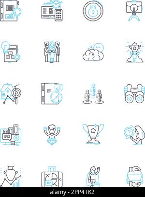 Lineare Symbole für Analysen und Diagramme festgelegt. Metriken, Trends, Muster, Visualisierung, Daten, Korrelation, Interpretationslinienvektor und Konzeptzeichen Stock Vektor