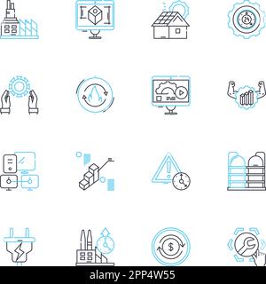 Digitale werkseitige lineare Symbole eingestellt. Automatisierung, Innovation, Robotik, Agile, Effizienz, Prozesse, Optimierungslinienvektor und Konzeptzeichen Stock Vektor