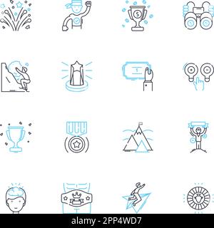 Lineare Symbole für Gameification festgelegt. Engagement, Motivation, Prämien, Incentives, Wettbewerb, Punkte, Abzeichen, Linienvektor und Konzeptschilder. Gamify, Spaß Stock Vektor