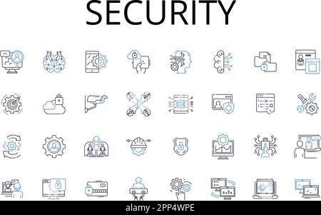 Sammlung von Symbolen für Sicherheitszeilen. Schutz, Schutz, Sicherheit, Verteidigung, Abschirmung, Ummantelung, Konservierungsvektor und lineare Darstellung. Gewissheit Stock Vektor