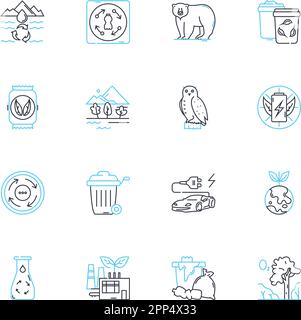 Lineare Symbole für Umweltprodukte. Nachhaltig, biologisch abbaubar, umweltfreundlich, erneuerbar, kompostierbar, Recycelbarer, energieeffizienter Linienvektor Stock Vektor