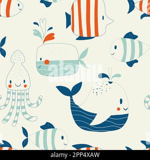 Kindliches Nahtmuster mit Meeres- und Meerestieren. Süße Unterwasserfauna mit Walen, Quallen und anderen Unterwasservögeln. Stock Vektor