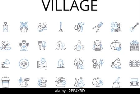 Ikonensammlung der Dorflinie. Hamlet, Kleinstadt, ländliche Gemeinde, Siedlung, Landschaft, Außenposten, Kolonivektor und lineare Darstellung. Township Stock Vektor
