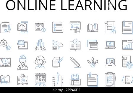 Symbolsammlung für den Online-Lernbereich. E-Learning, webbasiert, interaktiver Unterricht, Fernunterricht, virtuelle Klassenzimmer, Digitale Anweisung Stock Vektor