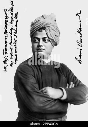 Vivekananda in Chicago, 1893. September. Auf der linken Seite schrieb Vivekananda: "Eine unendliche rein und heilig – jenseits von Gedanken jenseits von Qualitäten verneige ich mich Stockfoto