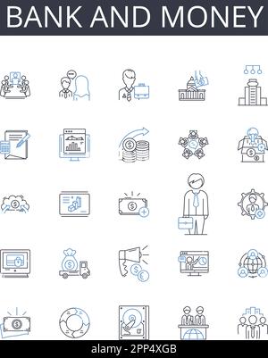 Symbolsammlung für Bank- und Geldlinien. Finanzinstitut, Bargeld, Finanzen, Vermögen, Kapital, Investition, Fondsvektor und lineare Darstellung. Währung Stock Vektor