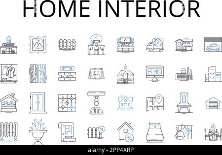 Icons-Kollektion für Innenräume. Bürofläche, Küchendesign, Wohnzimmer, Schlafzimmer, Außendesign, Bad renoviert, Gartendesign Vektor Stock Vektor