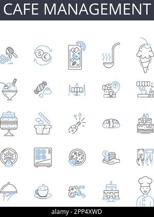 Sammlung der Symbole für die Café-Management-Linie. Restaurantleitung, Bistro-Verwaltung, Coffeehouse-Verwaltung, Eatery-Leitung, Tavern-Leitung, Bar Stock Vektor