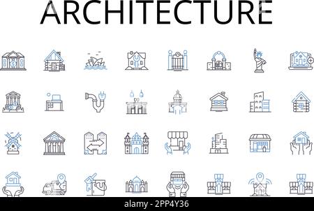 Sammlung der Liniensymbole der Architektur. Engineering, Gebäude, Entwurf, Planung, Konstruktion, Layout, Strukturvektor und lineare Darstellung Stock Vektor