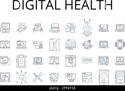 Sammlung von Symbolen für digitale Gesundheitsleitungen. E-Commerce, soziale Medien, mobiles Banking, Finanztechnologie, künstliche Intelligenz, Online-Schulung, Cloud Stock Vektor