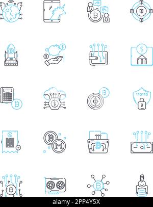 Lineare Symbole für Quantenrechner gesetzt. Quantum, Superposition, Verschlingung, Qubit, Dekoherenz, Interferenz, Glockenlinienvektor und Konzeptzeichen Stock Vektor