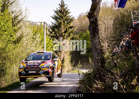 Zagreb, Kroatisch. 22. April 2023. 48 Tom RENSONNET (BEL), Loic DUMONT (BEL), FORD Fiesta Rally3, RC3, Rally3, Aktion während der kroatischen Rallye 2023, 4. Runde der WRC World Rally Car Championship 2023, vom 20. Bis 23. April 2023 in Zagreb, Kroatien - Foto Nikos Katikis/DPPI Credit: DPPI Media/Alamy Live News Stockfoto