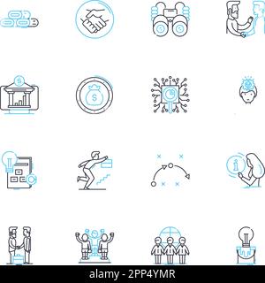 Lineare Symbole für Analysen und Diagramme festgelegt. Metriken, Trends, Muster, Visualisierung, Daten, Korrelation, Interpretationslinienvektor und Konzeptzeichen Stock Vektor