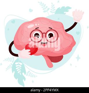 Süße Cartoon-Figur. Komisches lächelndes menschliches Organ in Brille mit Herz in der Hand. Vektordarstellung. Zentralnervensystem-Orgel romantisch Stock Vektor