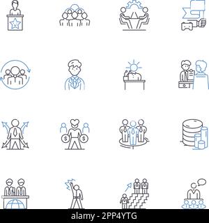 Sorgfältige Sammlung von Positionssymbolen für Mitarbeiter. Pünktlich, Fleißig, Effizient, Zuverlässig, Produktiv, Sorgfältige, dedizierte Vektor- und lineare Darstellung Stock Vektor