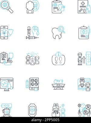 Lineare Symbole für die Gesundheitsverwaltung. Management, Führung, Effizienz, Strategie, Betrieb, Budgetierung, Planungslinienvektor und Konzept Stock Vektor