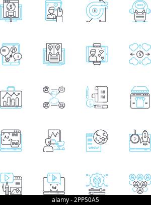 Lineare Symbole der PPC-Agentur festgelegt. Werbung, Analyse, Gebot, Click-Through-Rate, Conversion, Cost-per-Click, Datensatz-Linienvektor und Konzeptzeichen Stock Vektor