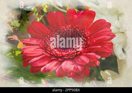 Ein digitales Aquarellgemälde mit blühenden roten Asterblumen mit geringer Schärfentiefe. Stockfoto