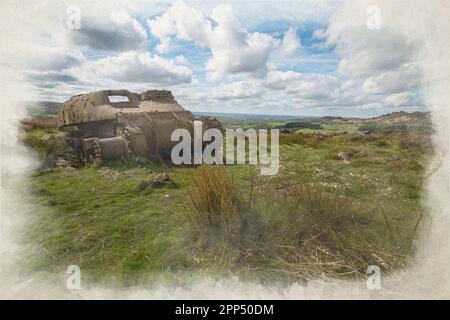 Verlassene Sherman Tank digitale Aquarellmalerei im Peak District National Park an den Kakerlaken, Upper Hulme mit Ramshaw Rocks in der Ferne. Stockfoto