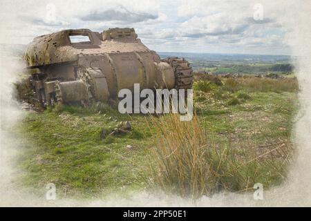 Verlassene Sherman Tank digitale Aquarellmalerei im Peak District National Park an den Kakerlaken, Upper Hulme mit Ramshaw Rocks in der Ferne. Stockfoto